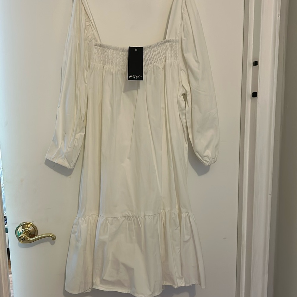 Shirred oversized square neck mini dress